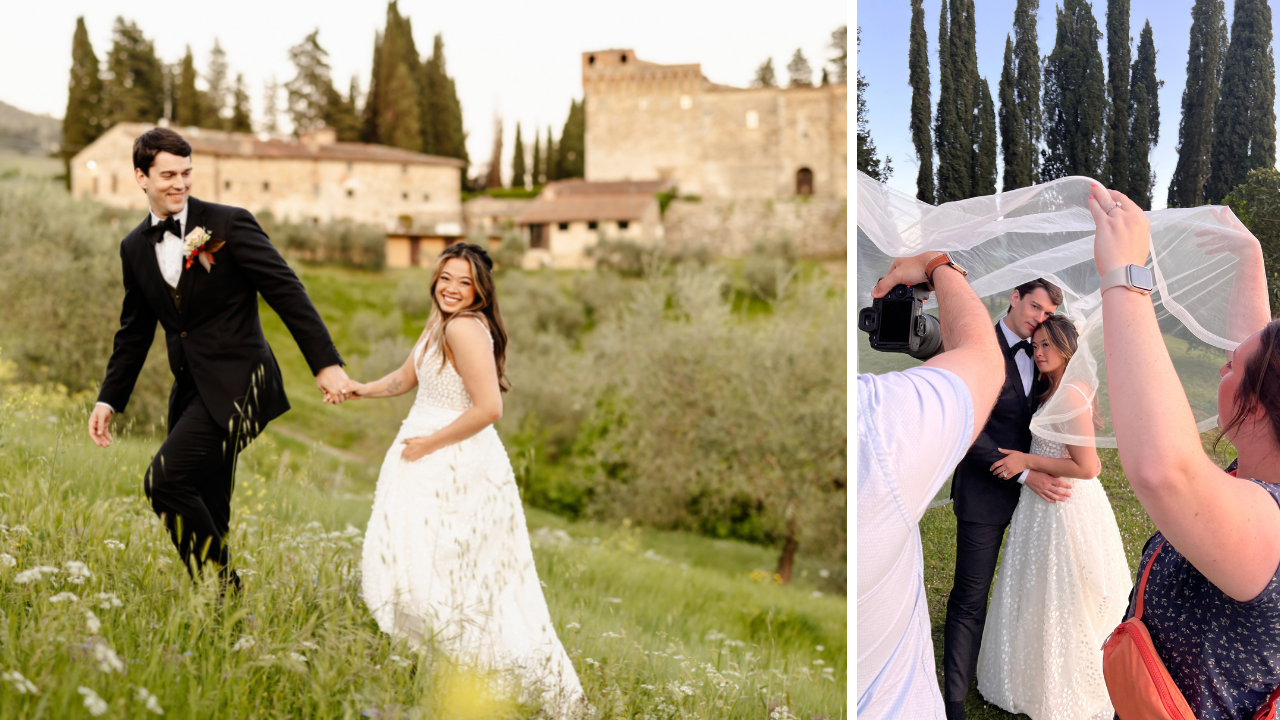 bride and groom walking through the rolling hills of castello del trebbio